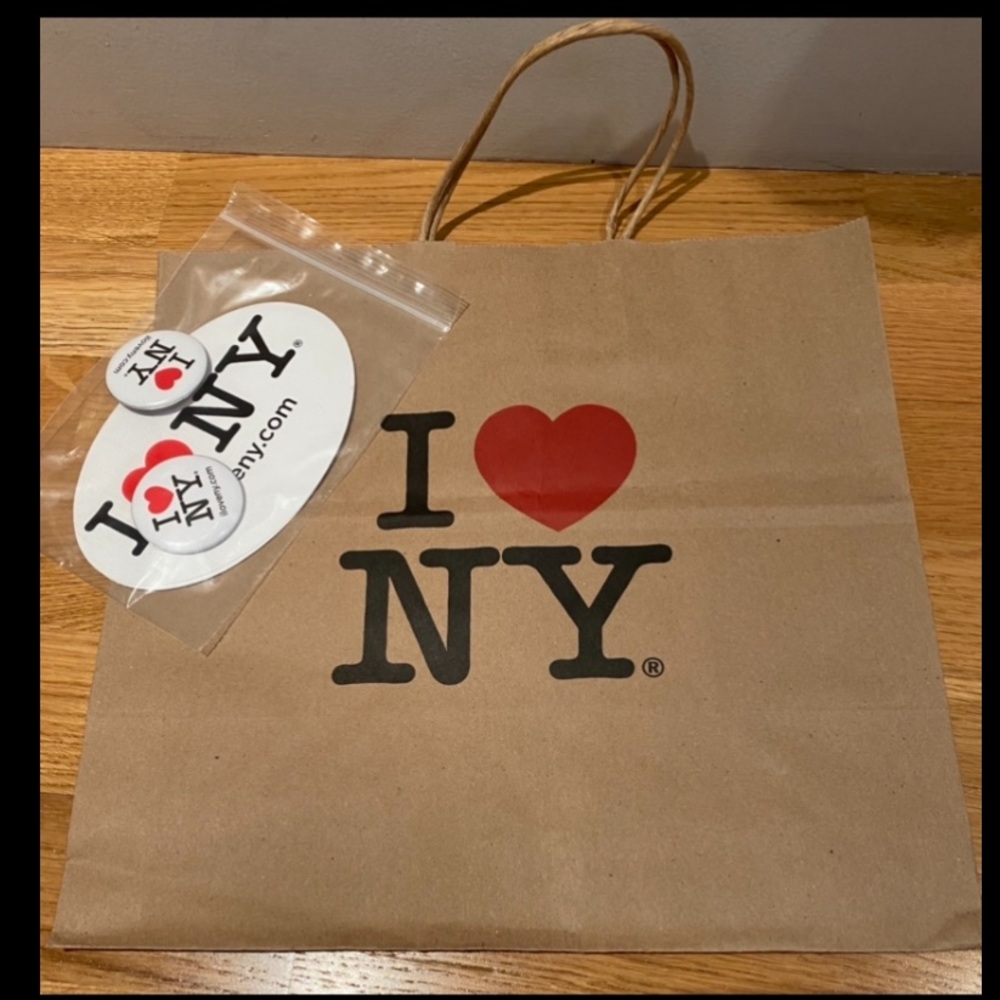 NEW I❤️NY sticker & metal pin set Of 2 Each + 1 Paper Shopping Bag